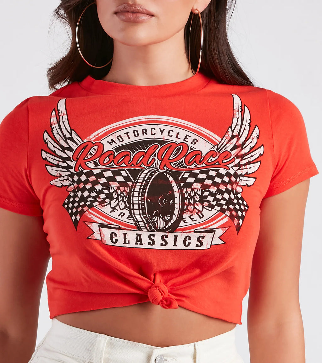 Moto Babe Graphic Knot Tie Crop Tee