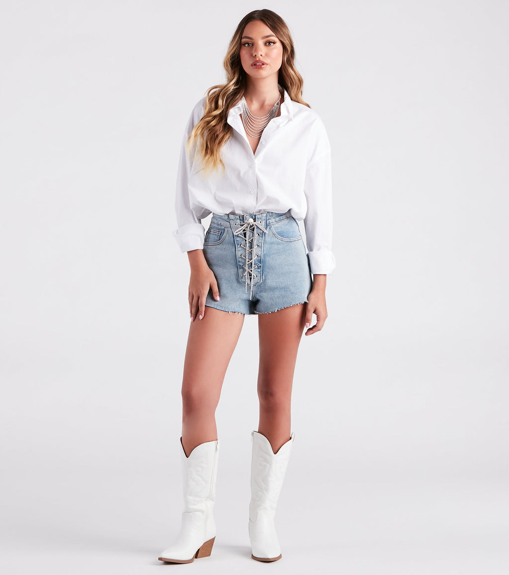 Nothing Short Of Glam Rhinestone Lace-Up Denim Shorts