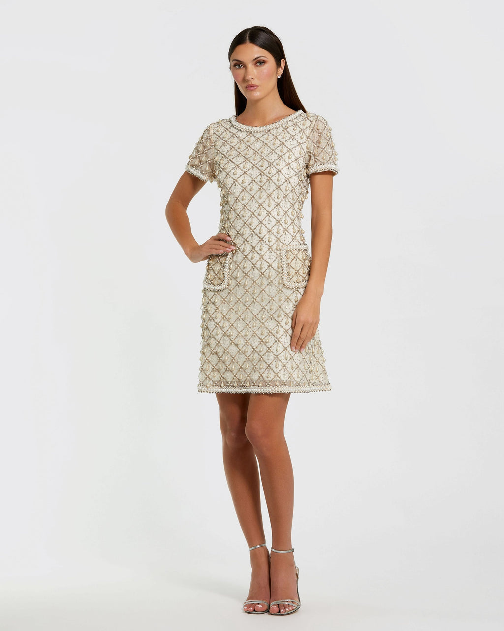 Oyster Short Sleeve Pearl Embellished Mini Dress