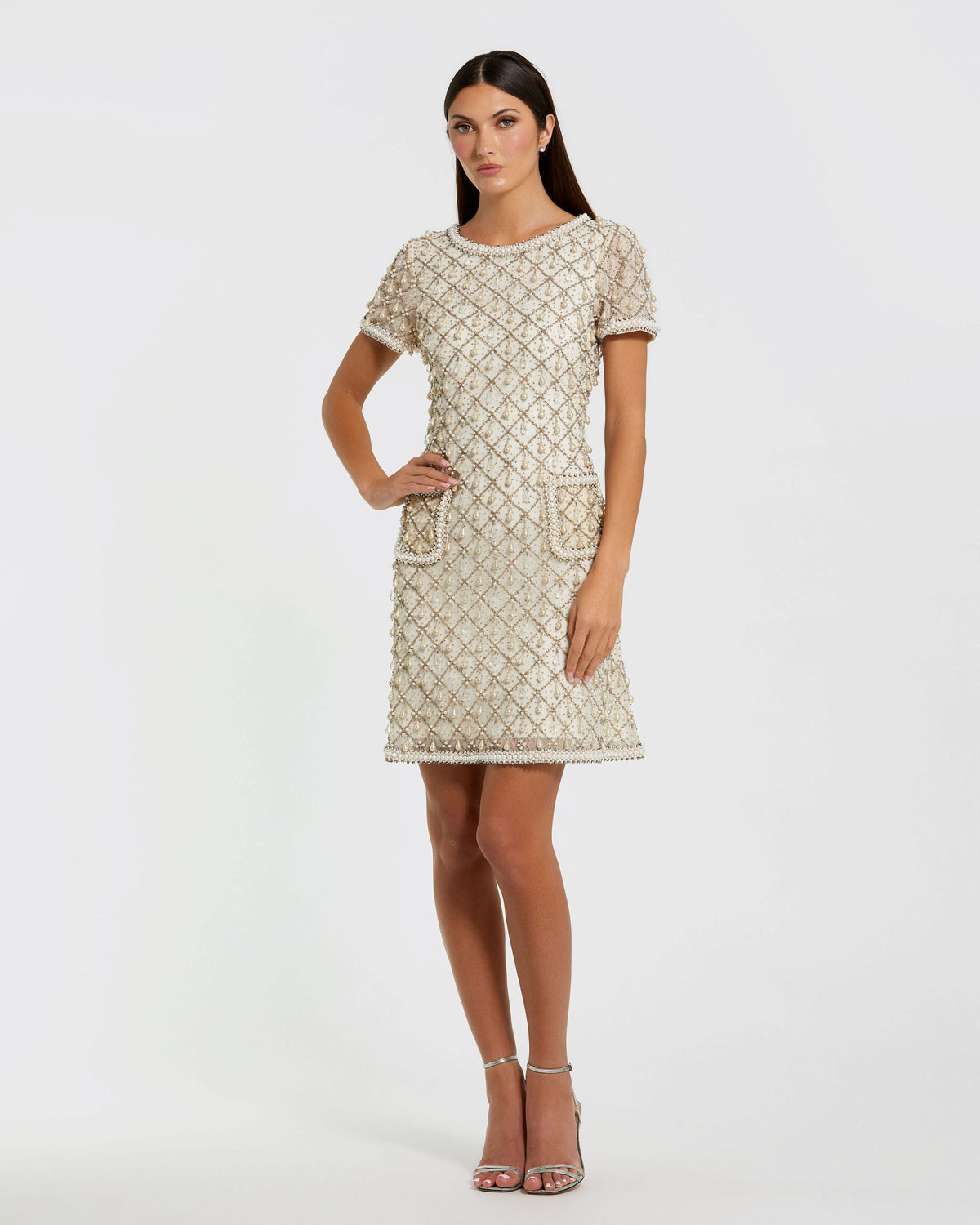 Oyster Short Sleeve Pearl Embellished Mini Dress