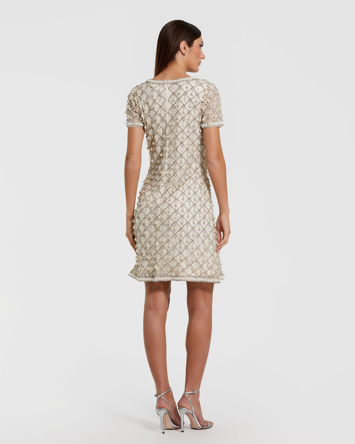 Oyster Short Sleeve Pearl Embellished Mini Dress