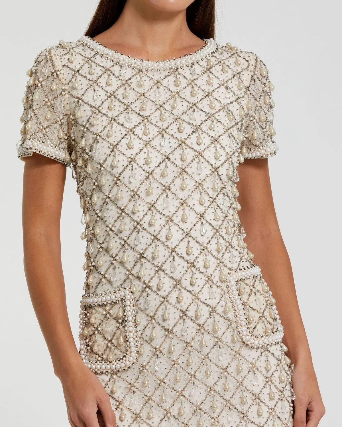 Oyster Short Sleeve Pearl Embellished Mini Dress