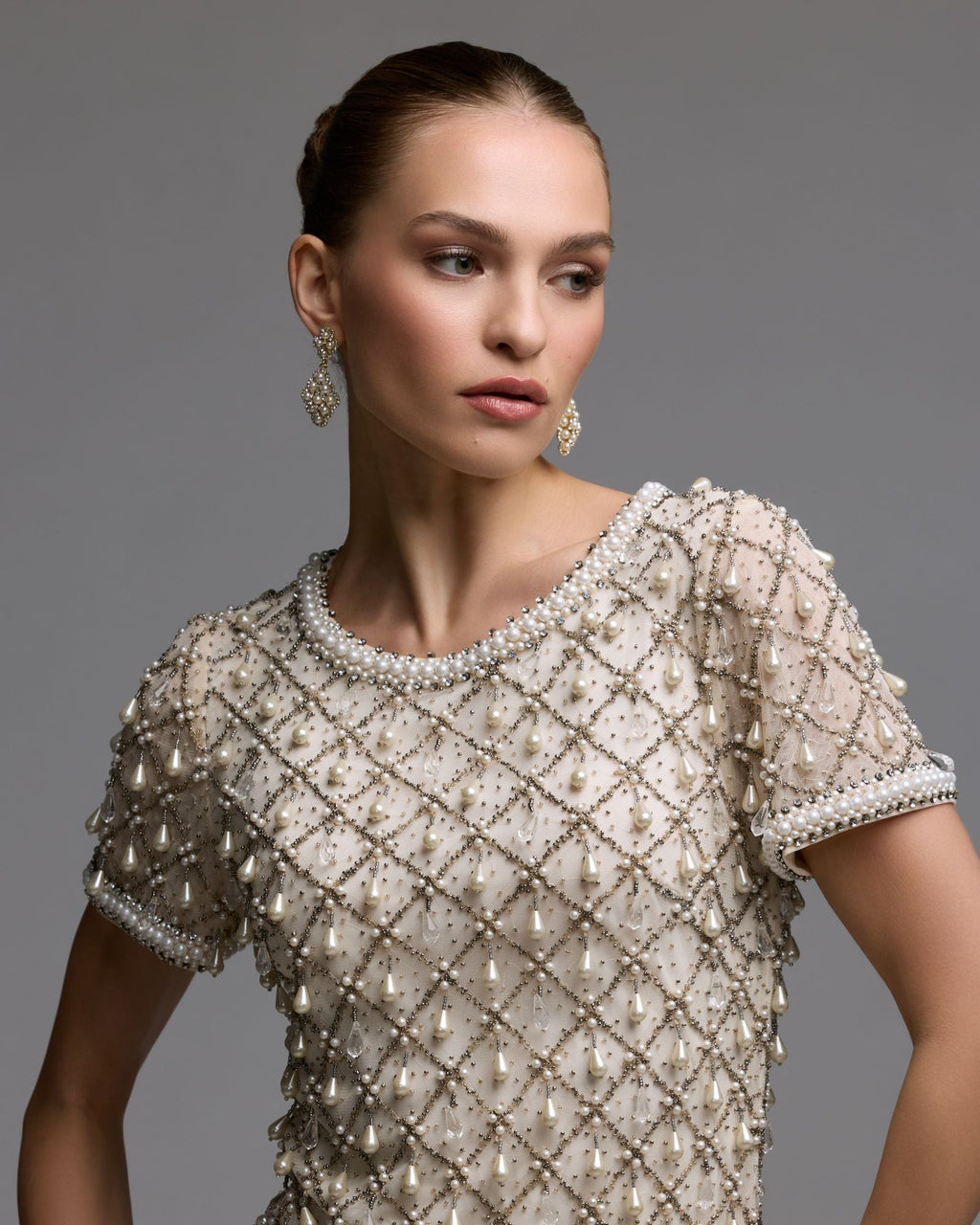 Oyster Short Sleeve Pearl Embellished Mini Dress