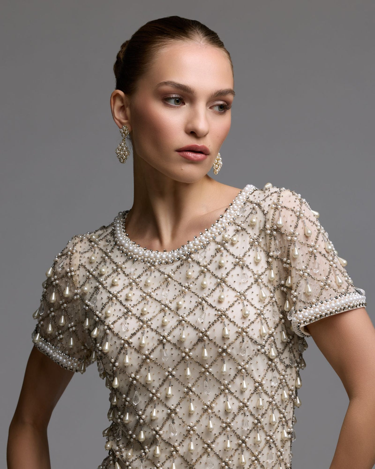 Oyster Short Sleeve Pearl Embellished Mini Dress