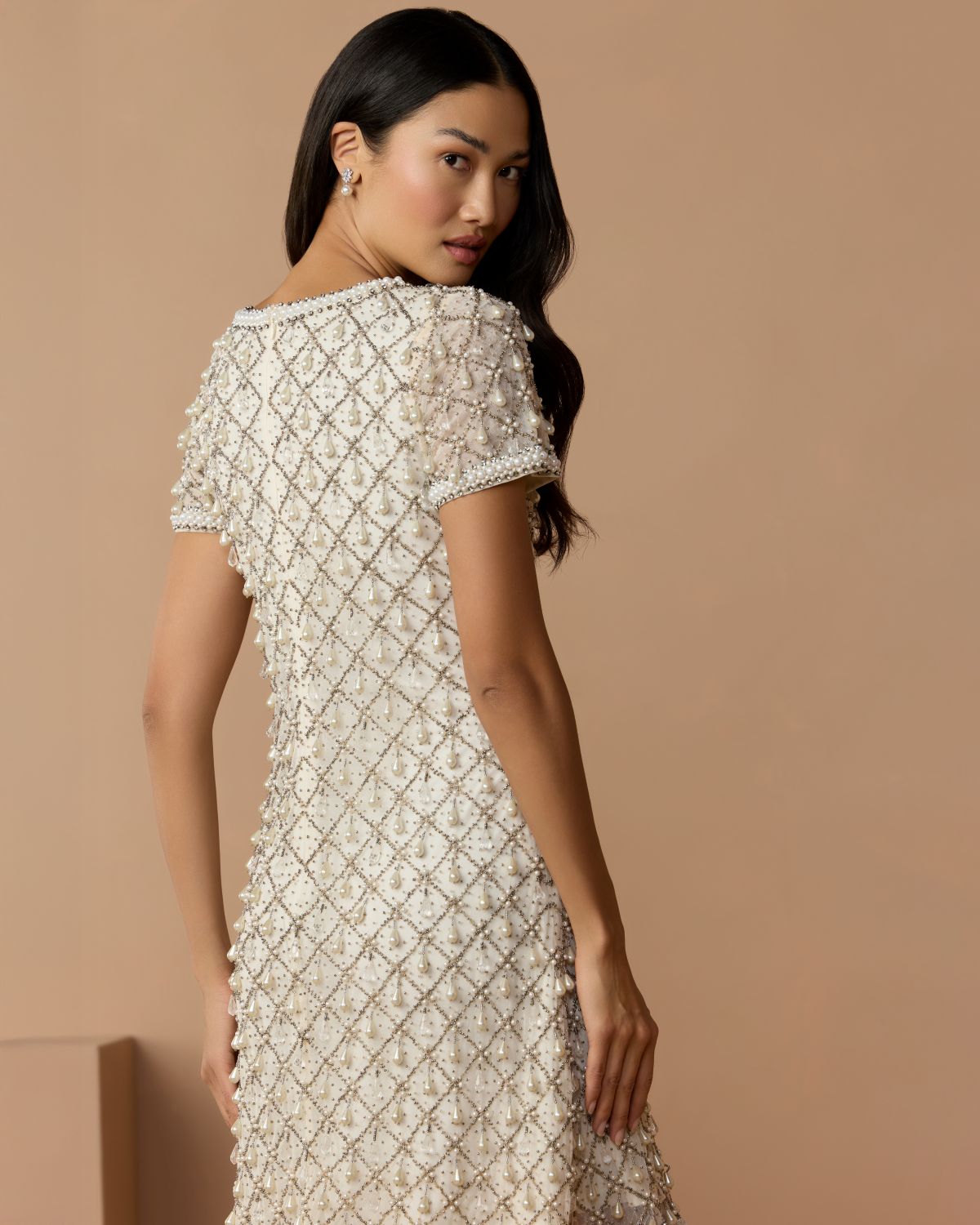Oyster Short Sleeve Pearl Embellished Mini Dress