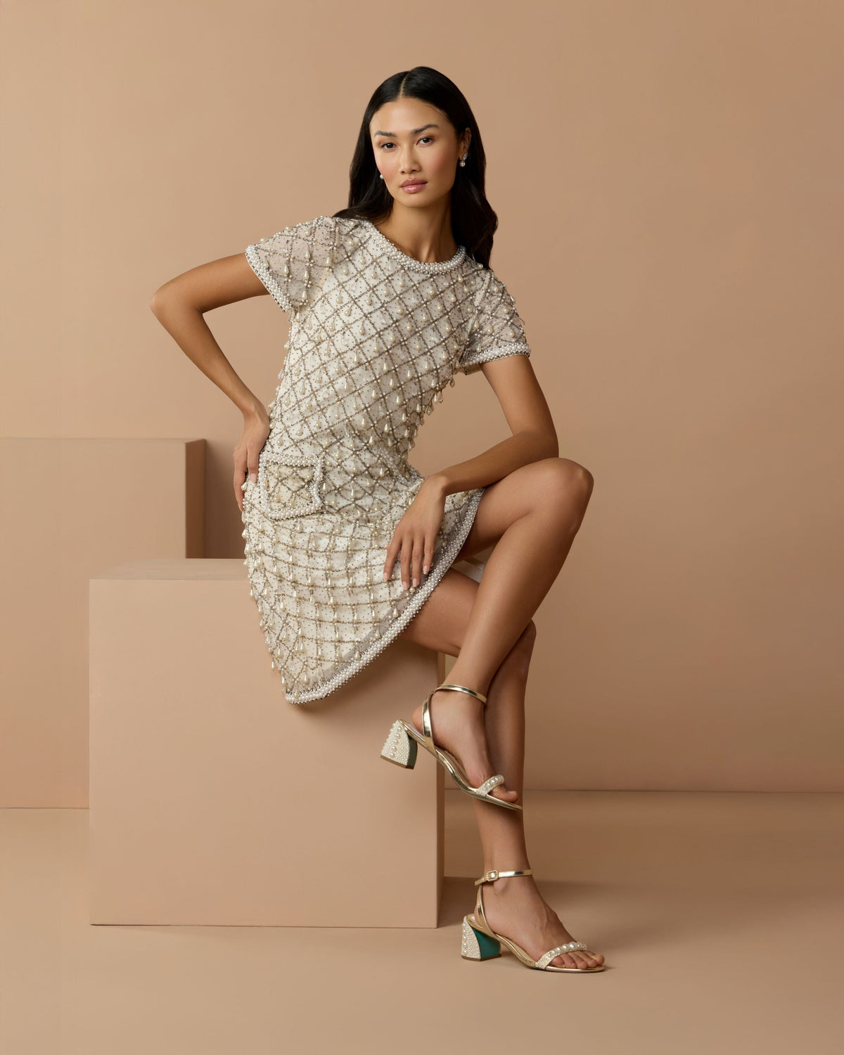 Oyster Short Sleeve Pearl Embellished Mini Dress