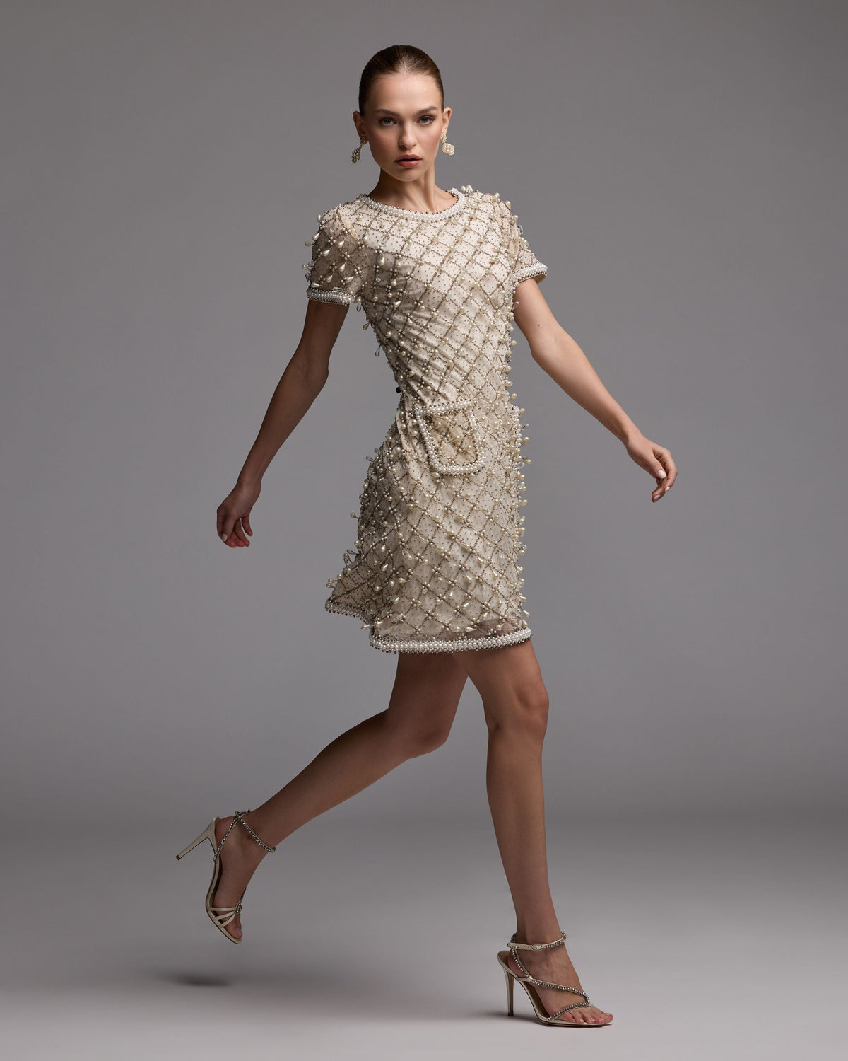Oyster Short Sleeve Pearl Embellished Mini Dress