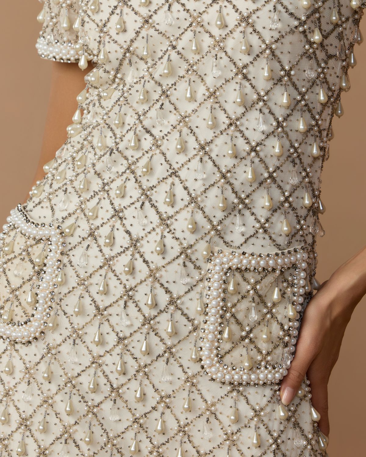 Oyster Short Sleeve Pearl Embellished Mini Dress