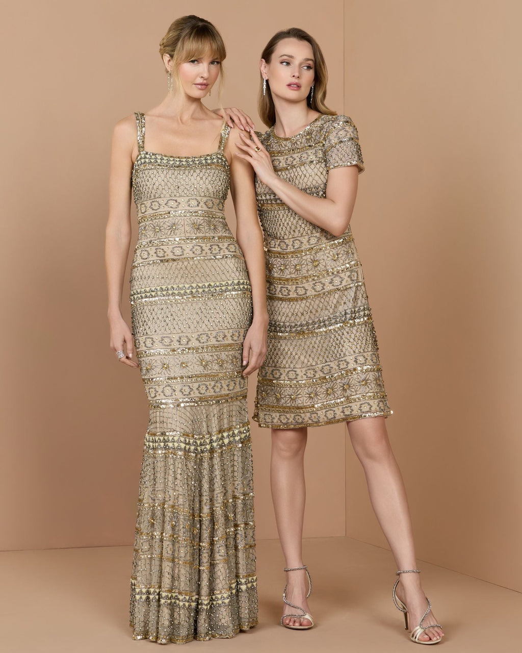 Nude Gold Short Sleeve Embellished Mini Dress