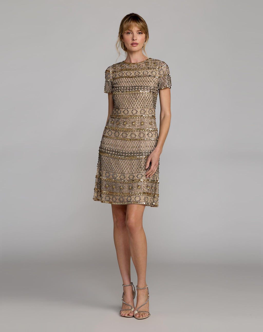 Nude Gold Short Sleeve Embellished Mini Dress