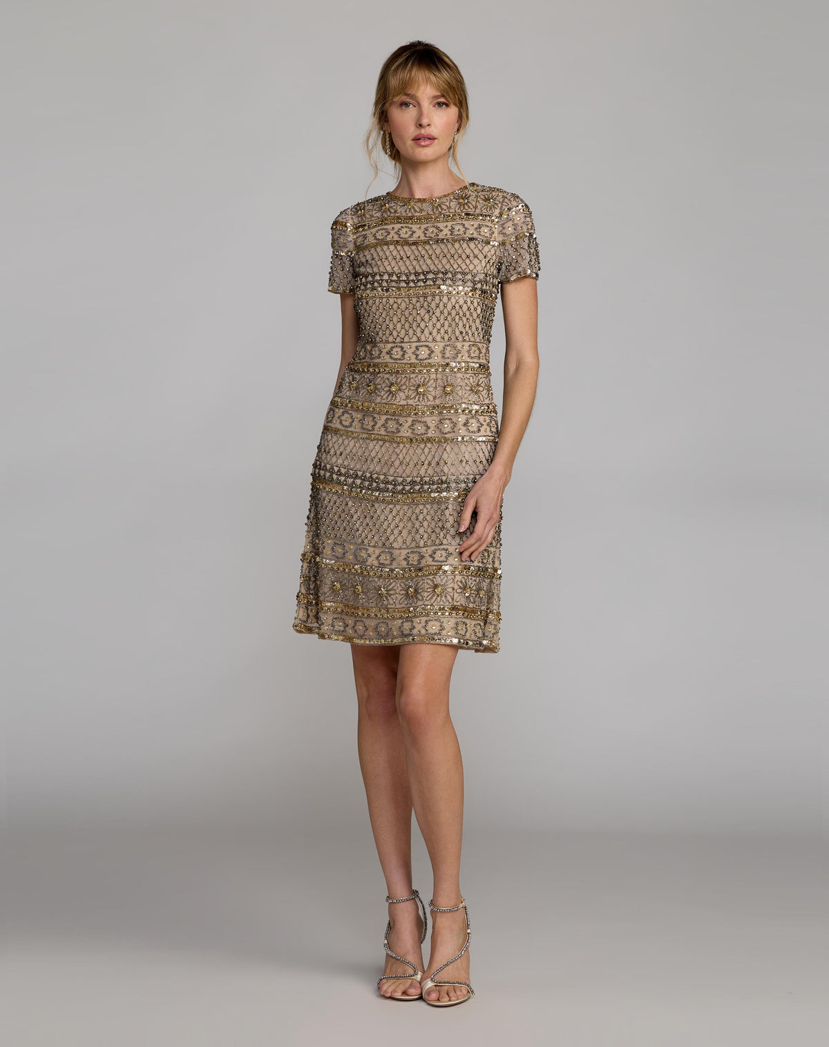 Nude Gold Short Sleeve Embellished Mini Dress
