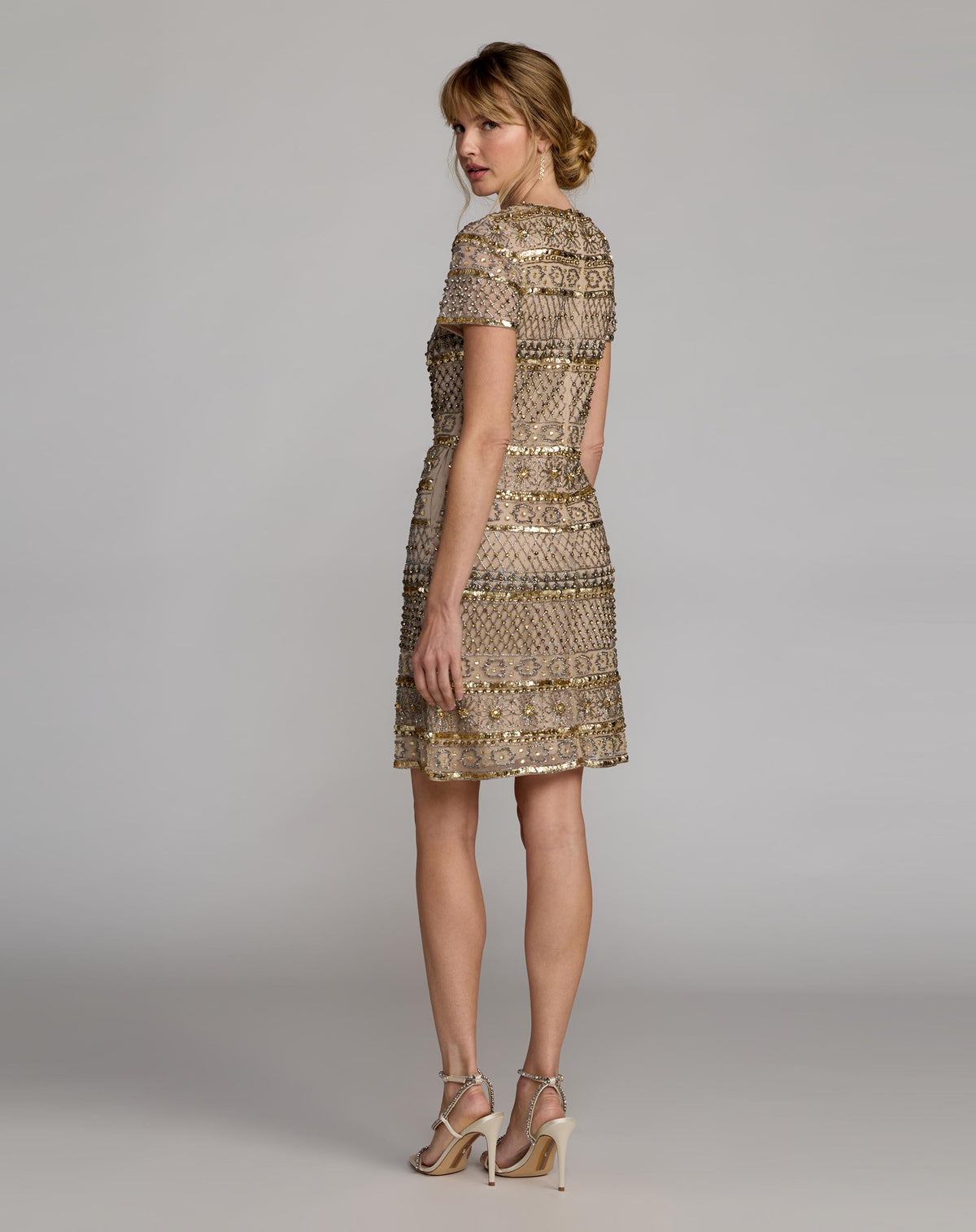 Nude Gold Short Sleeve Embellished Mini Dress