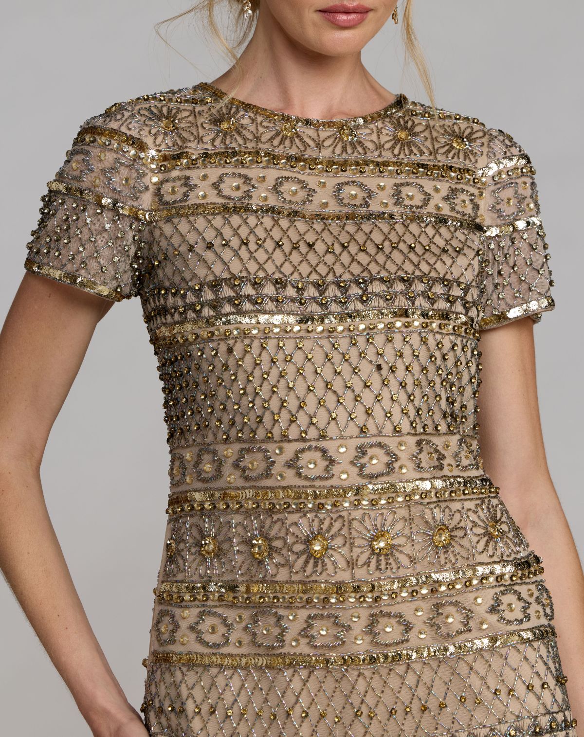 Nude Gold Short Sleeve Embellished Mini Dress