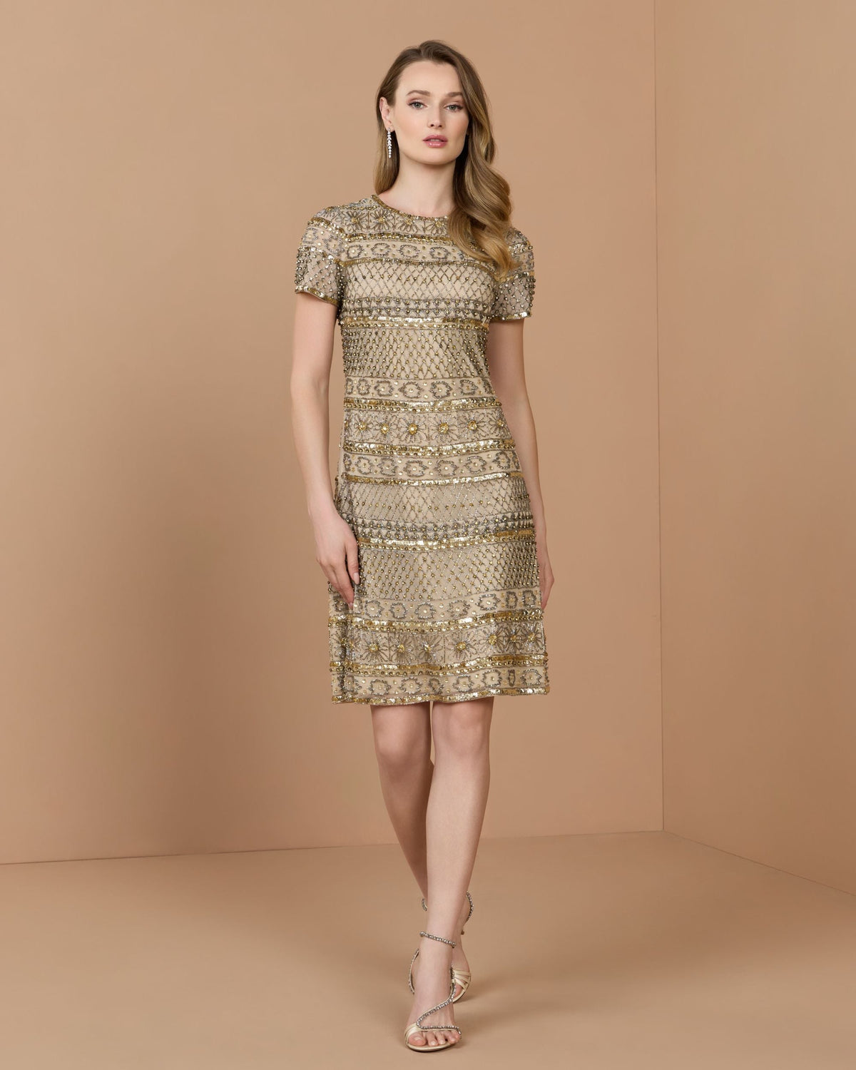 Nude Gold Short Sleeve Embellished Mini Dress