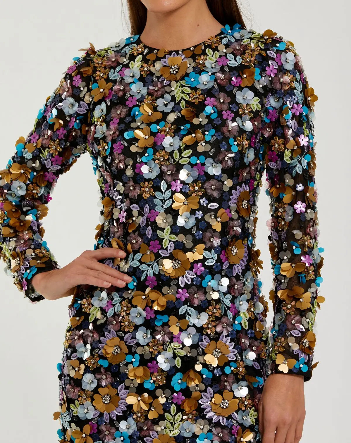 Black Long Sleeve Multicolor 3D Sequin Mini Dress