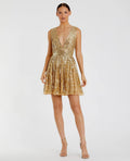 Gold Embellished Sleeveless V Neck A Line Dress