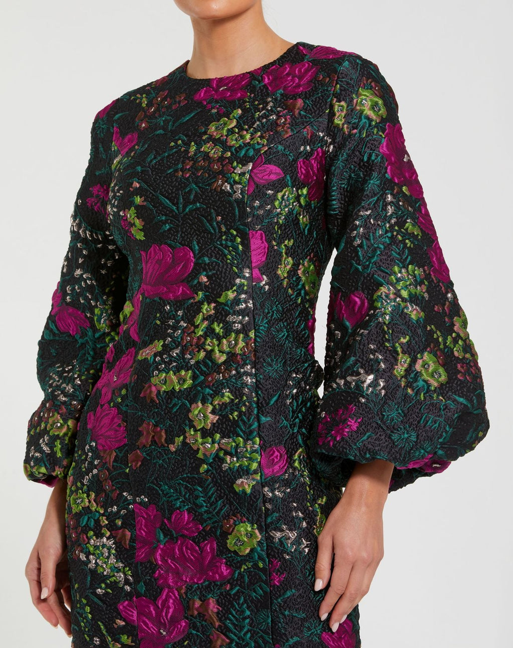 Black Floral Brocade Puff Sleeve Fitted Mini Dress
