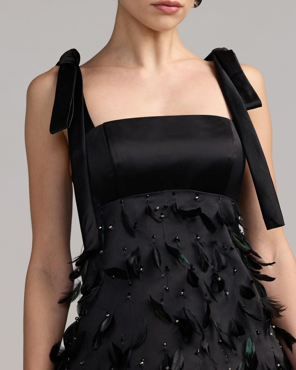 Black Feather Embellished Bow Strap Mini Dress