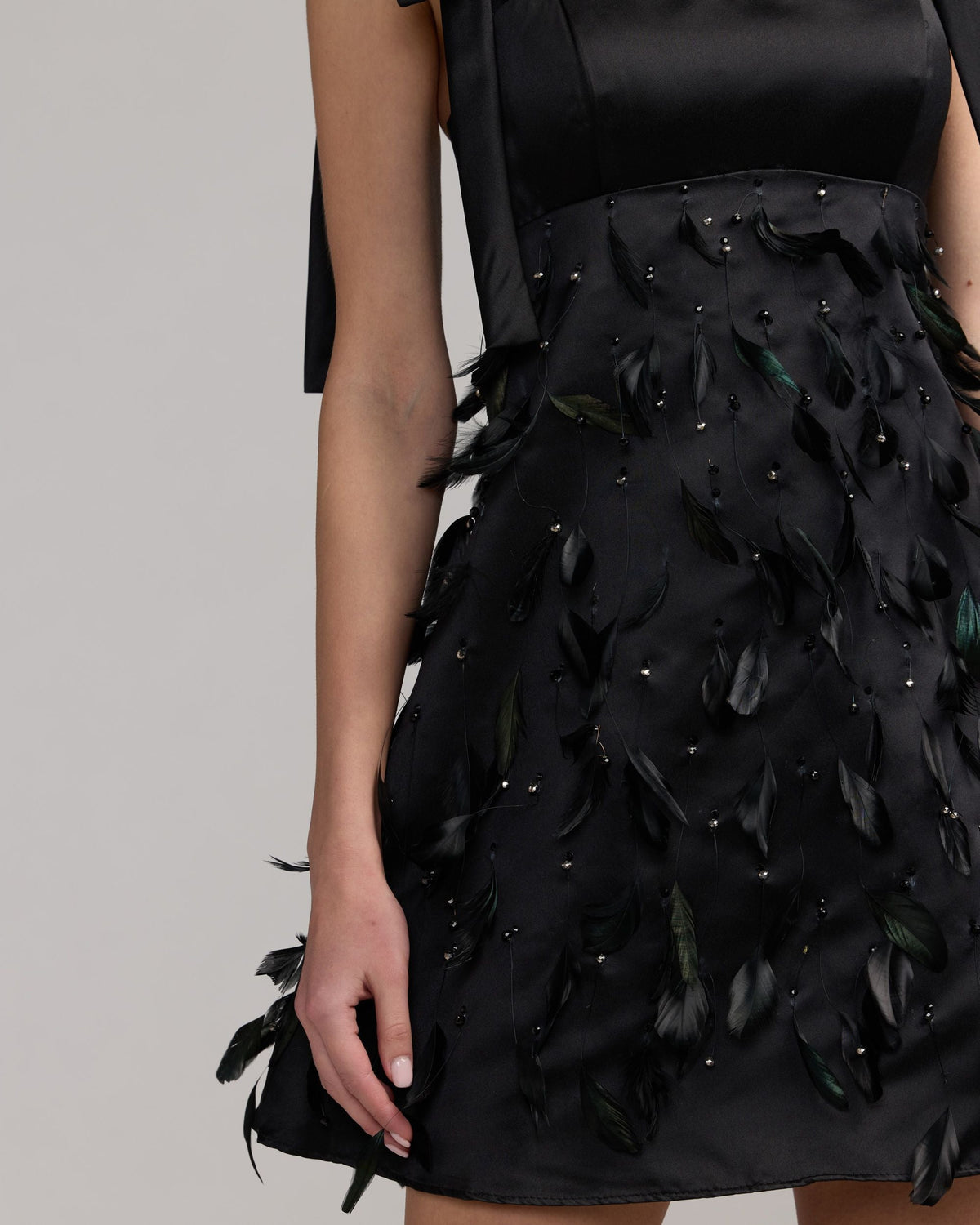 Black Feather Embellished Bow Strap Mini Dress