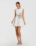 White Sleeveless Crepe Mini Dress With Rhinestone Flower