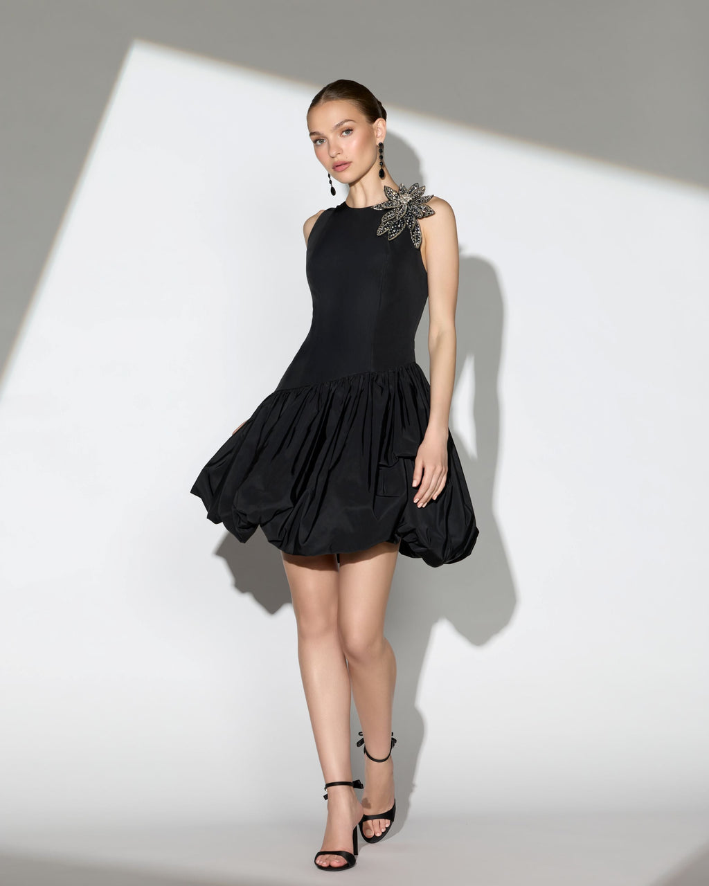 Black Bubble Hem Mini Dress with 3D Floral Appliqué