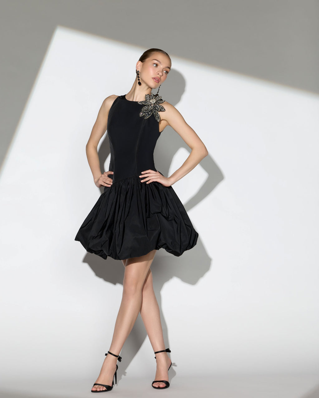 Black Bubble Hem Mini Dress with 3D Floral Appliqué