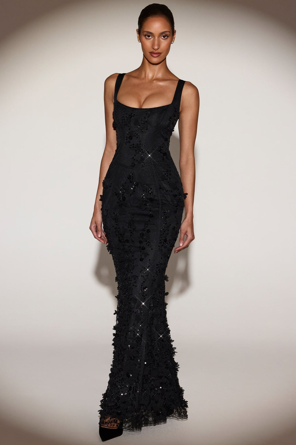 Embellished Appliqué Soft-Scoop Corset Gown in Black