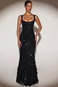 Embellished Appliqué Soft-Scoop Corset Gown in Black