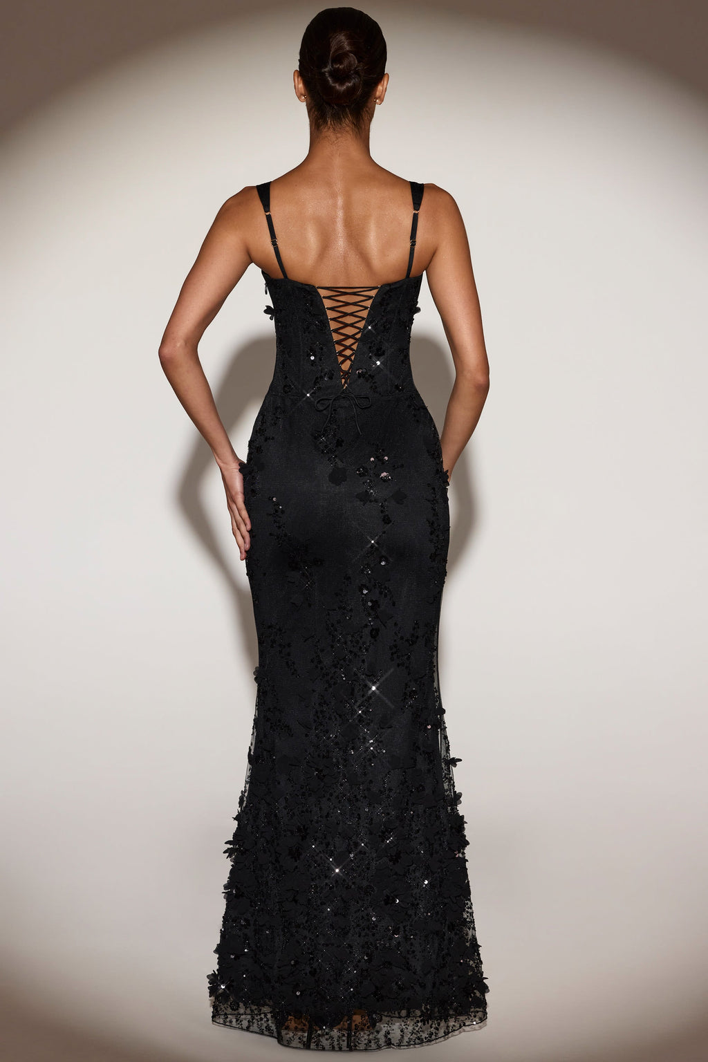 Embellished Appliqué Soft-Scoop Corset Gown in Black
