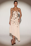 Embellished Soft-Scoop Asymmetric Midaxi Dress in Gold