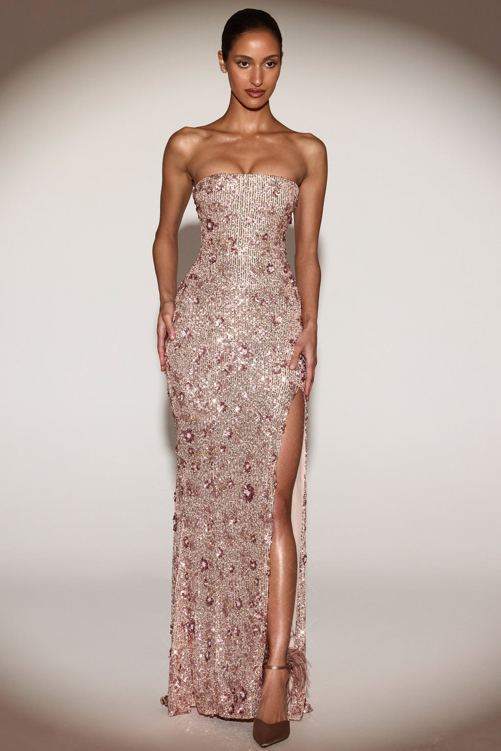Embellished Bandeau-Neck Strapless Gown in Rose Gold