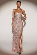 Embellished Bandeau-Neck Strapless Gown in Rose Gold