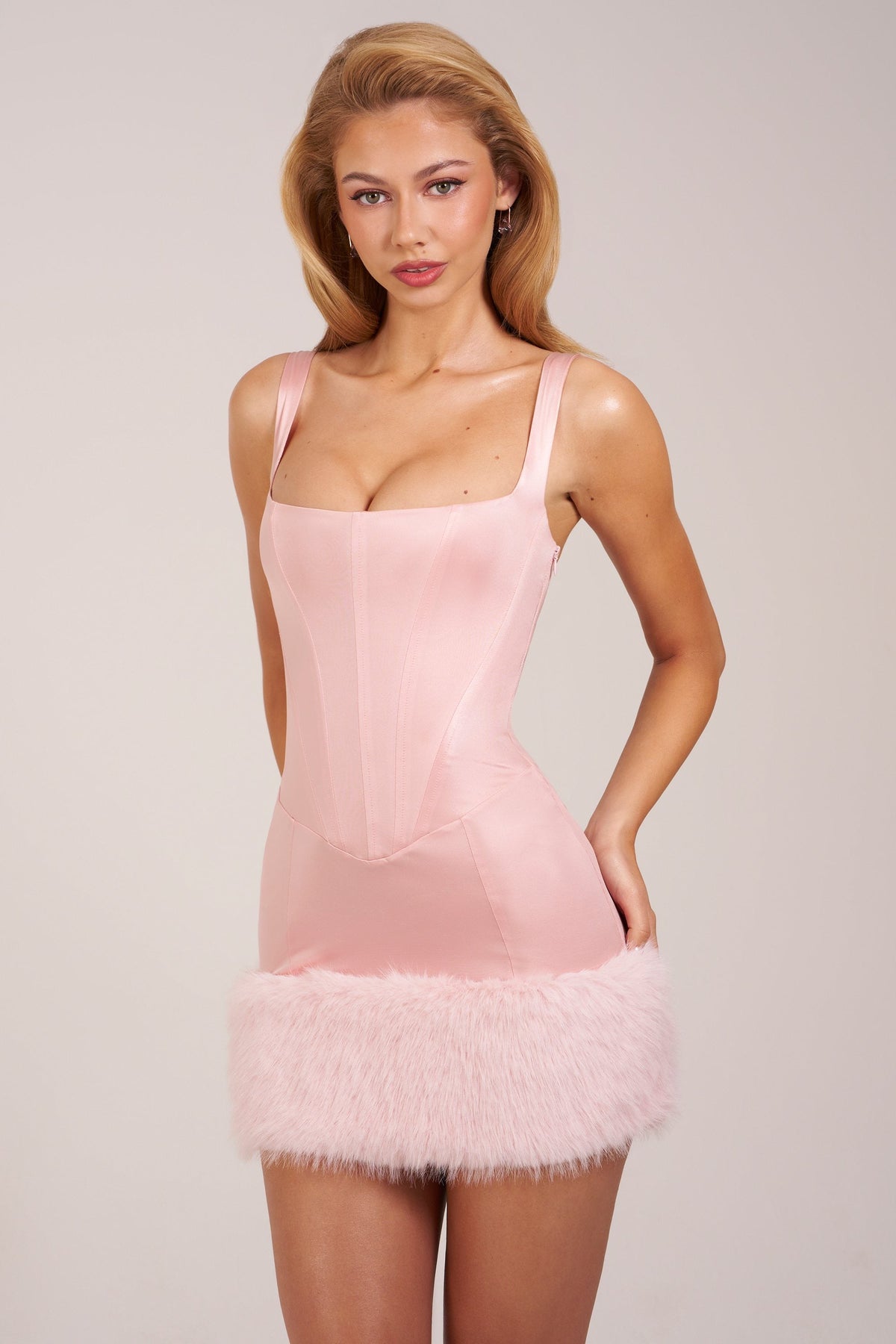 Satin Square-Neck Corset Faux-Fur Mini Dress in Blush Pink