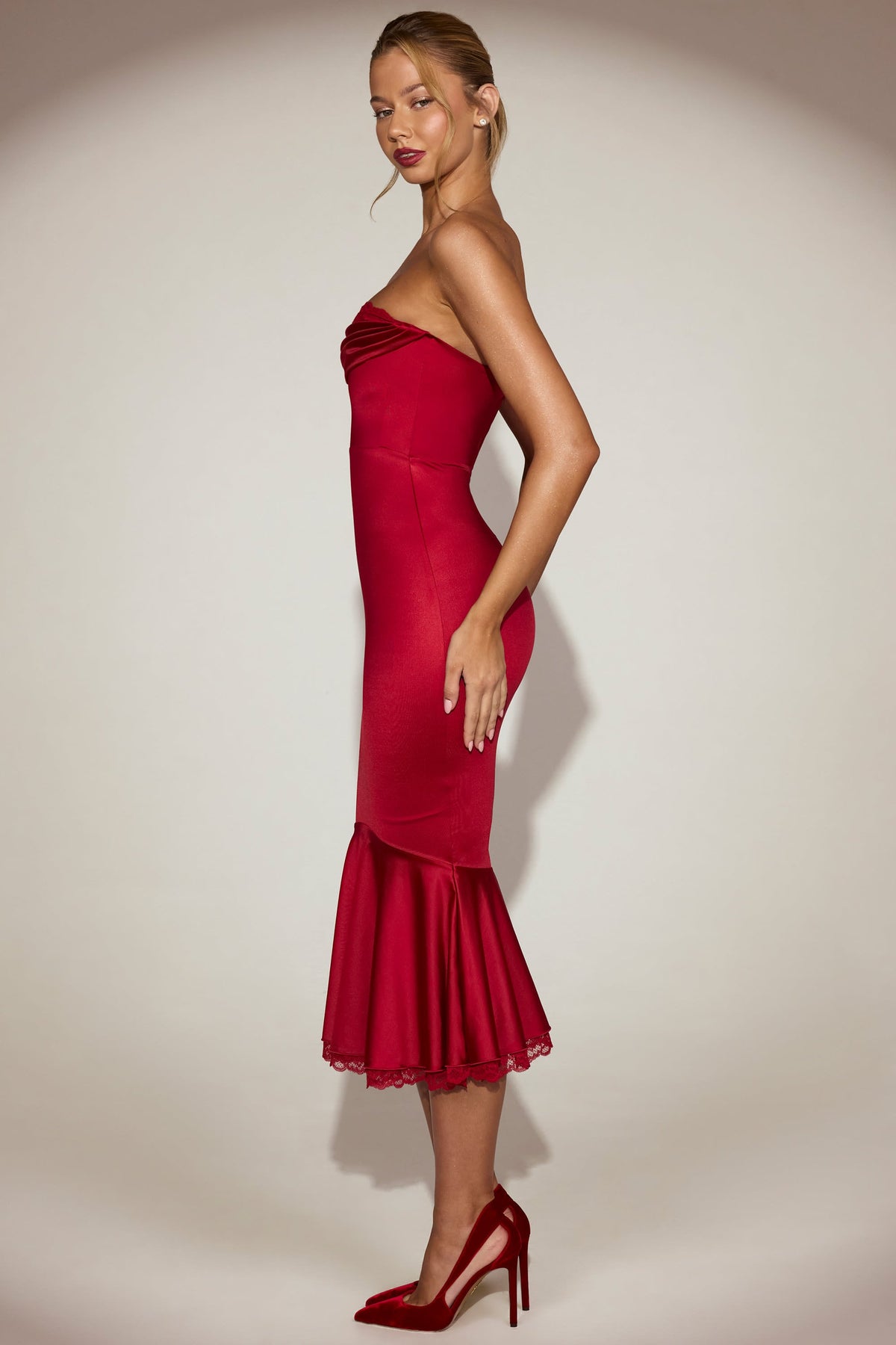 Satin Lace-Trim Bandeau Fluted Midaxi Dress in True Red