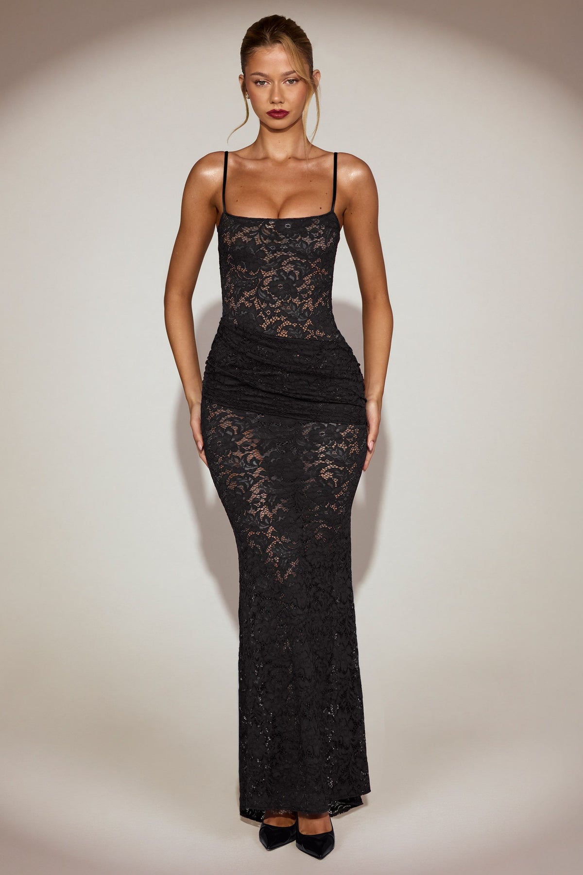 Sheer Lace Square-Neck Ruched Gown in Black