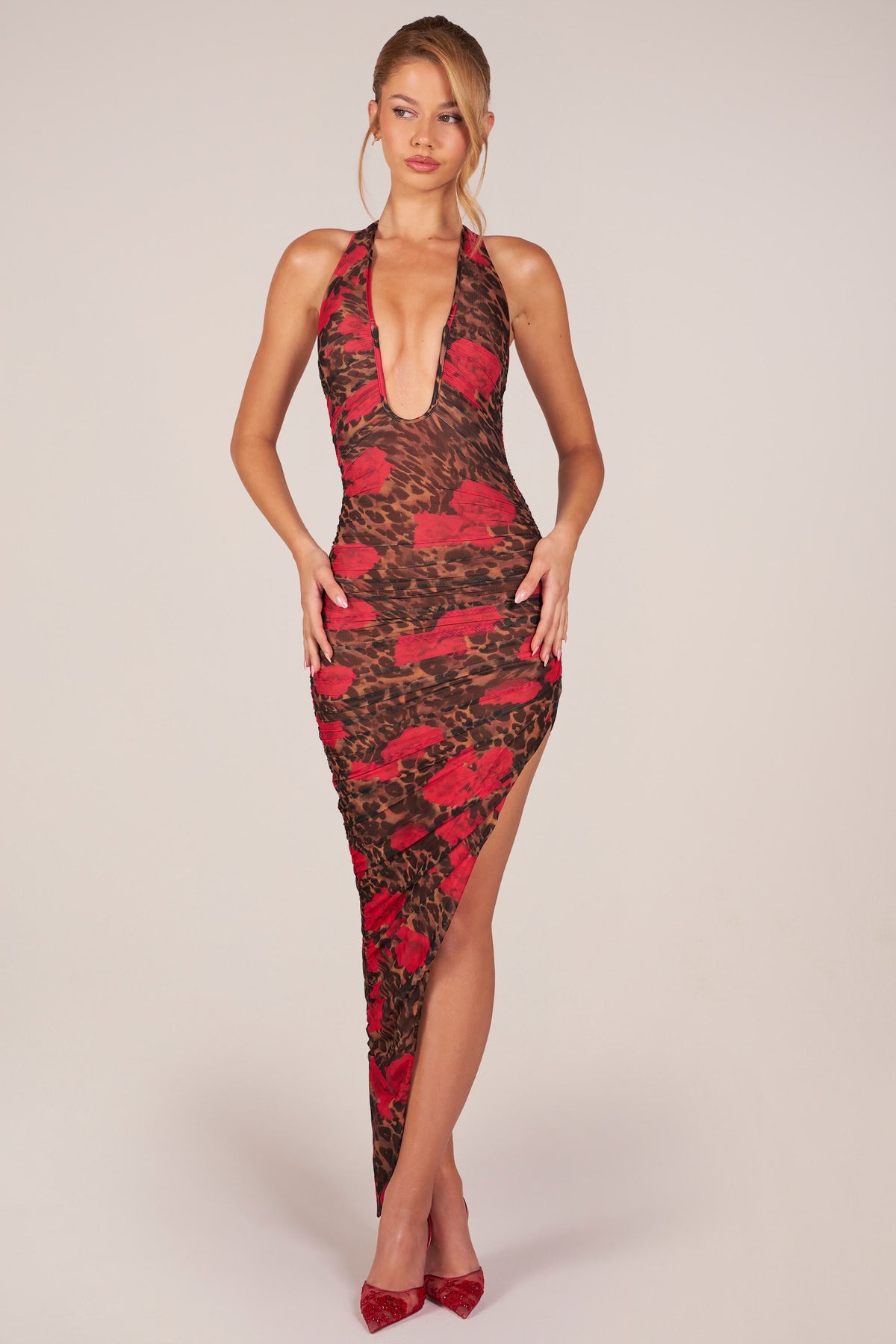 Halterneck Split Hem Midaxi Dress in Rose Leopard Print