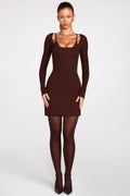 Ribbed Modal Long-Sleeve Laced Bra Mini Dress in Chocolate Brown