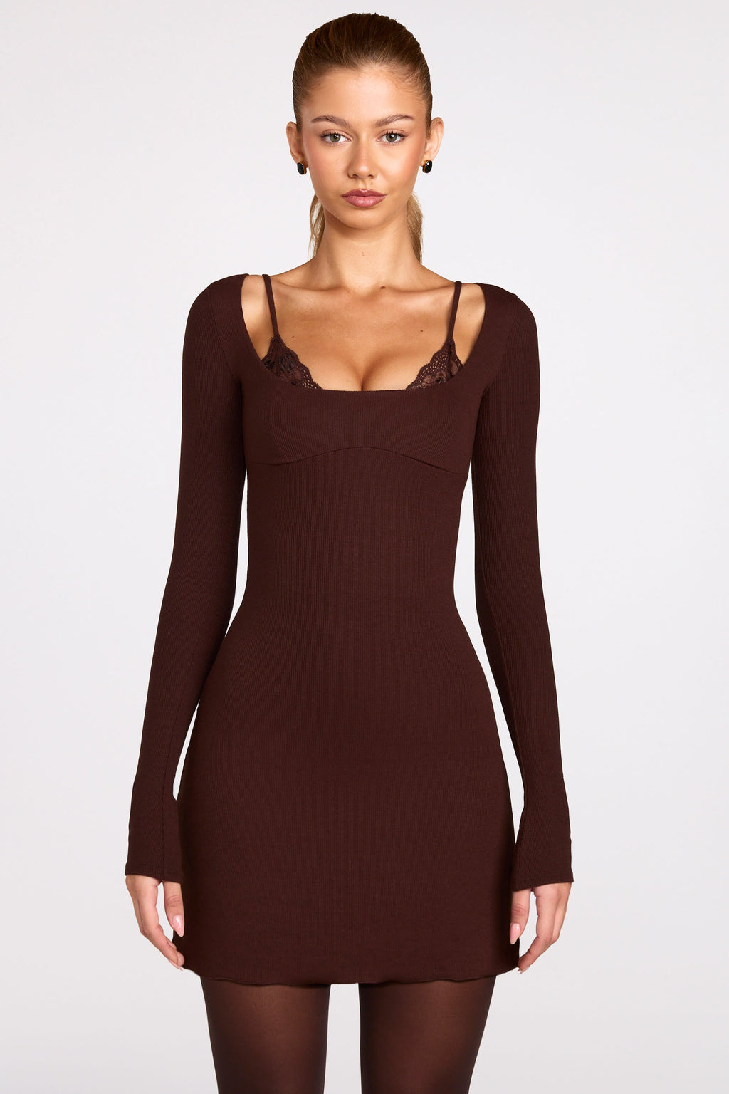 Ribbed Modal Long-Sleeve Laced Bra Mini Dress in Chocolate Brown