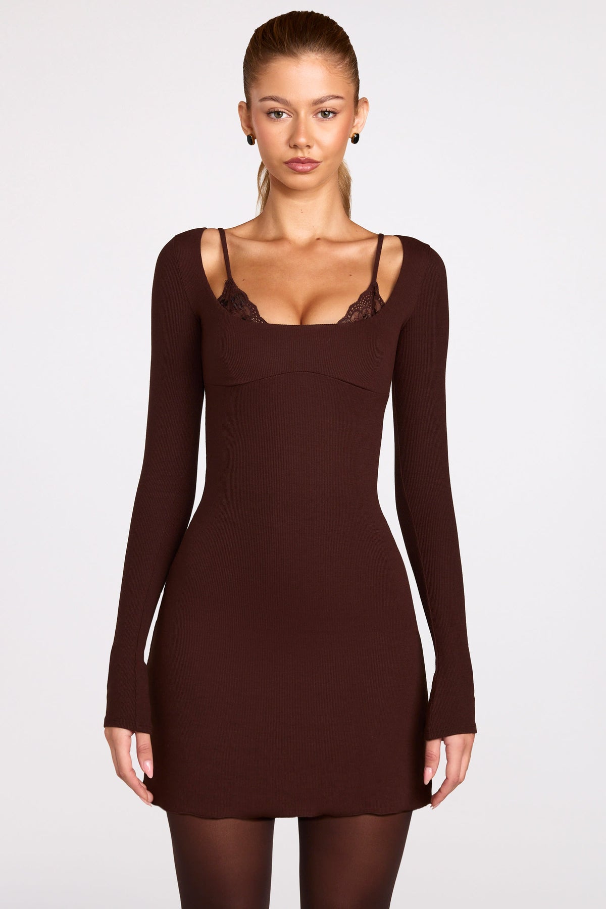 Ribbed Modal Long-Sleeve Laced Bra Mini Dress in Chocolate Brown