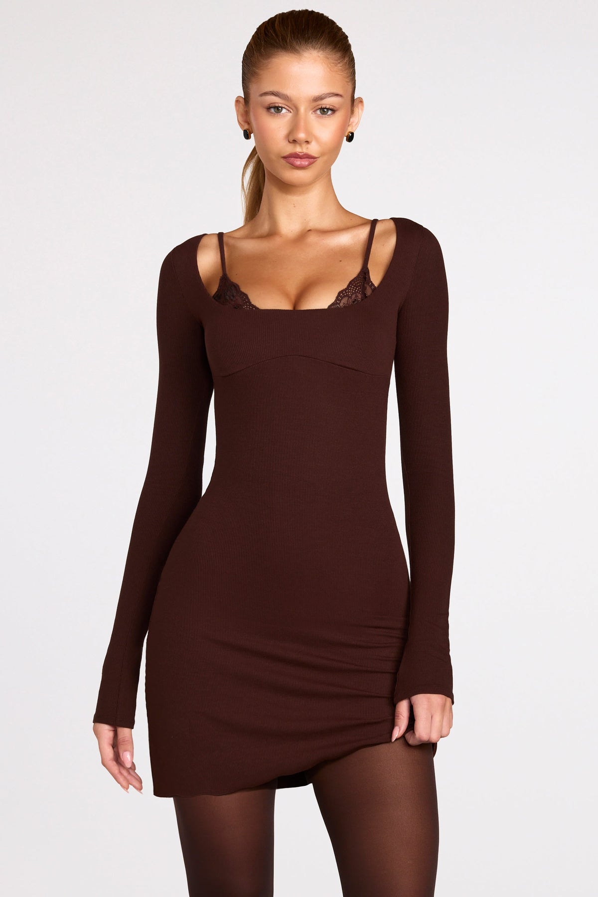 Ribbed Modal Long-Sleeve Laced Bra Mini Dress in Chocolate Brown