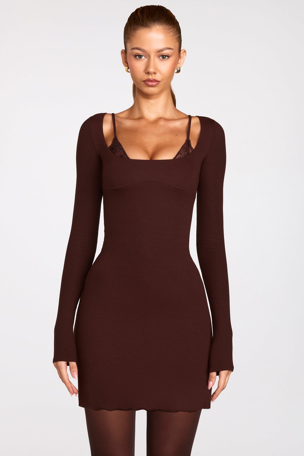Ribbed Modal Long-Sleeve Laced Bra Mini Dress in Chocolate Brown