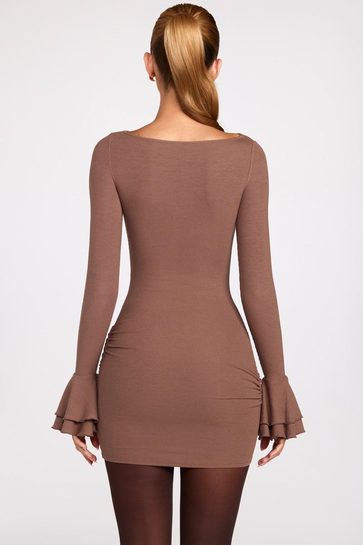 Ribbed Modal Long-Sleeve Draped Mini Dress in Mocha