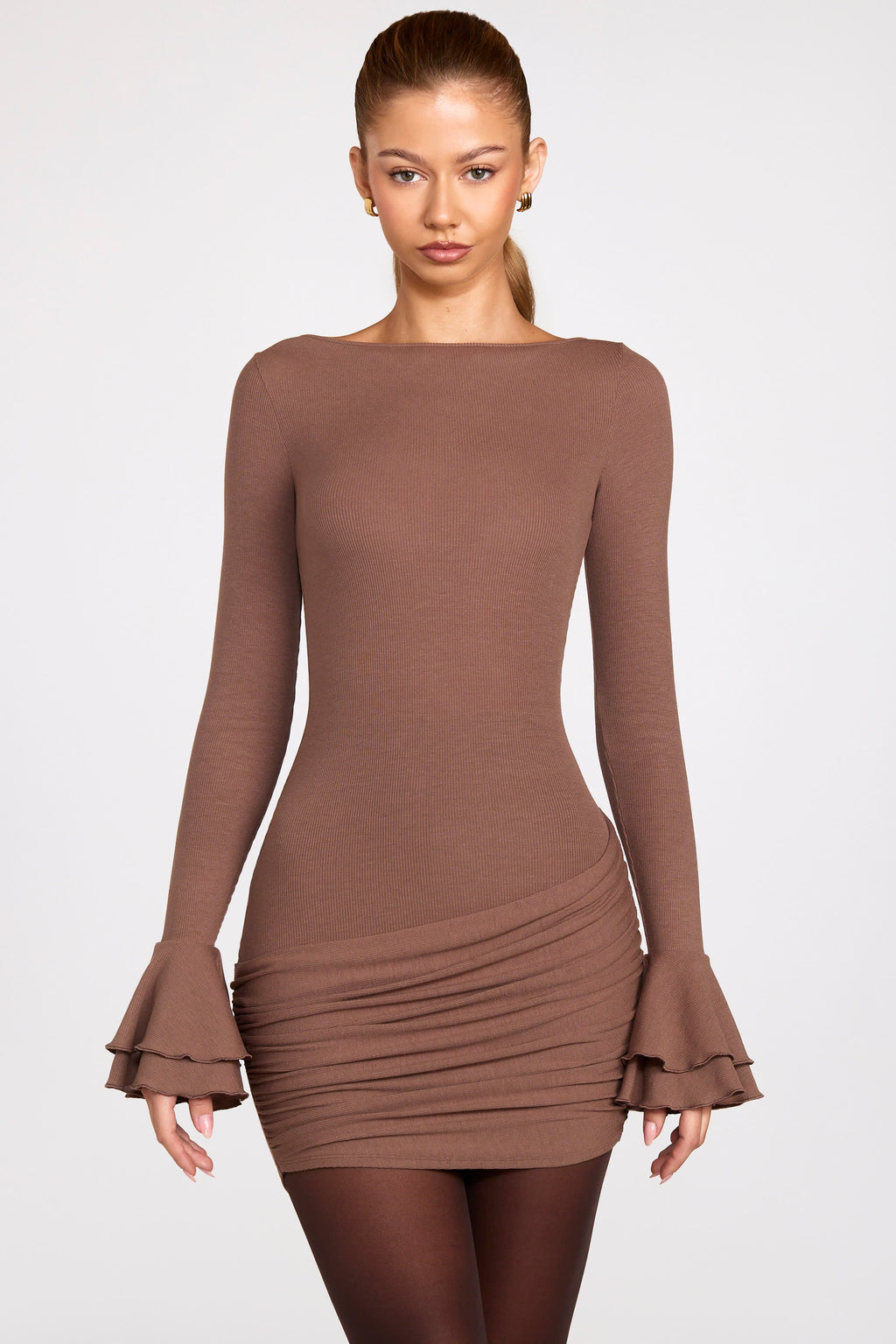 Ribbed Modal Long-Sleeve Draped Mini Dress in Mocha