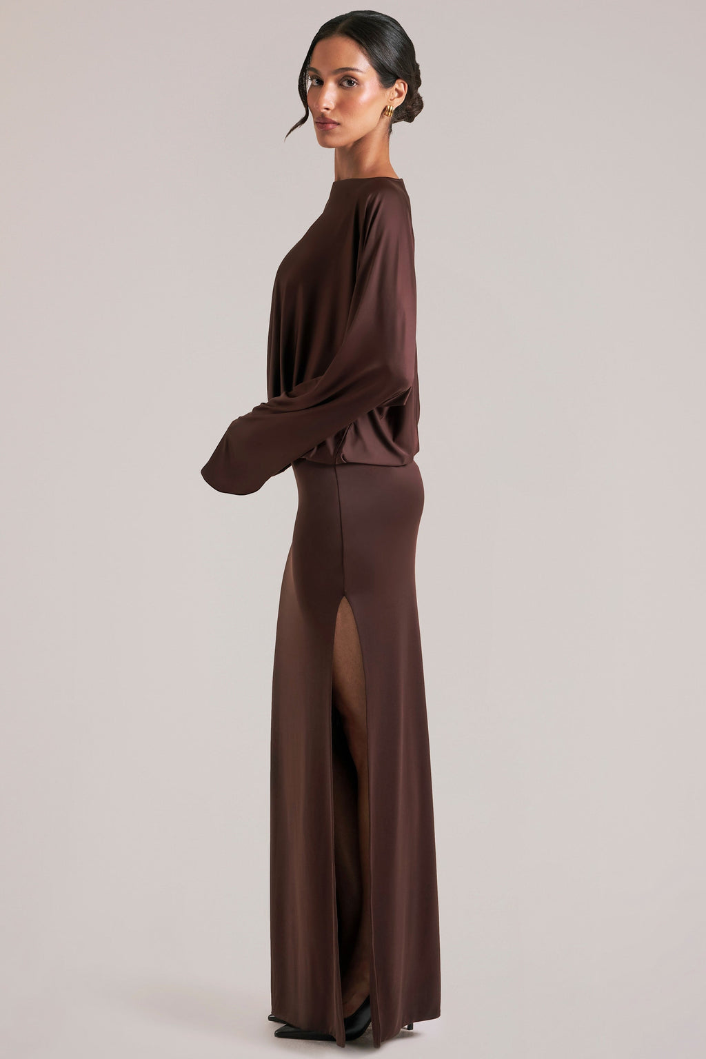 Long-Sleeve Draped Maxi Dress in Chocolate Brown