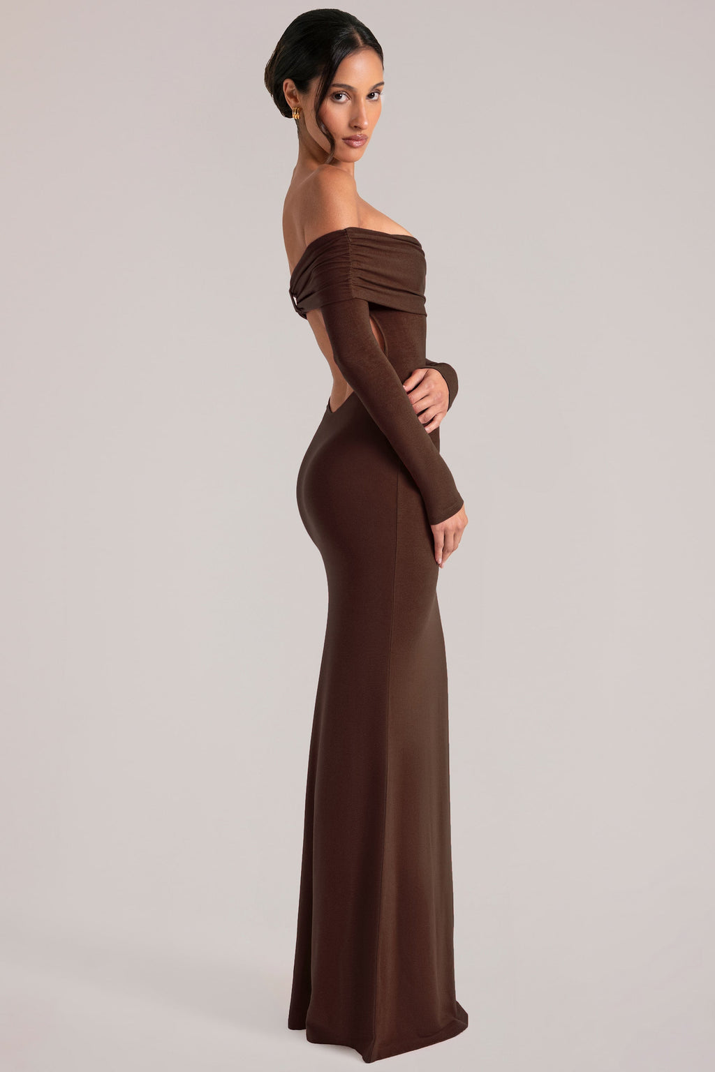 Off-Shoulder Long-Sleeve Maxi Dress in Chocolate Brown