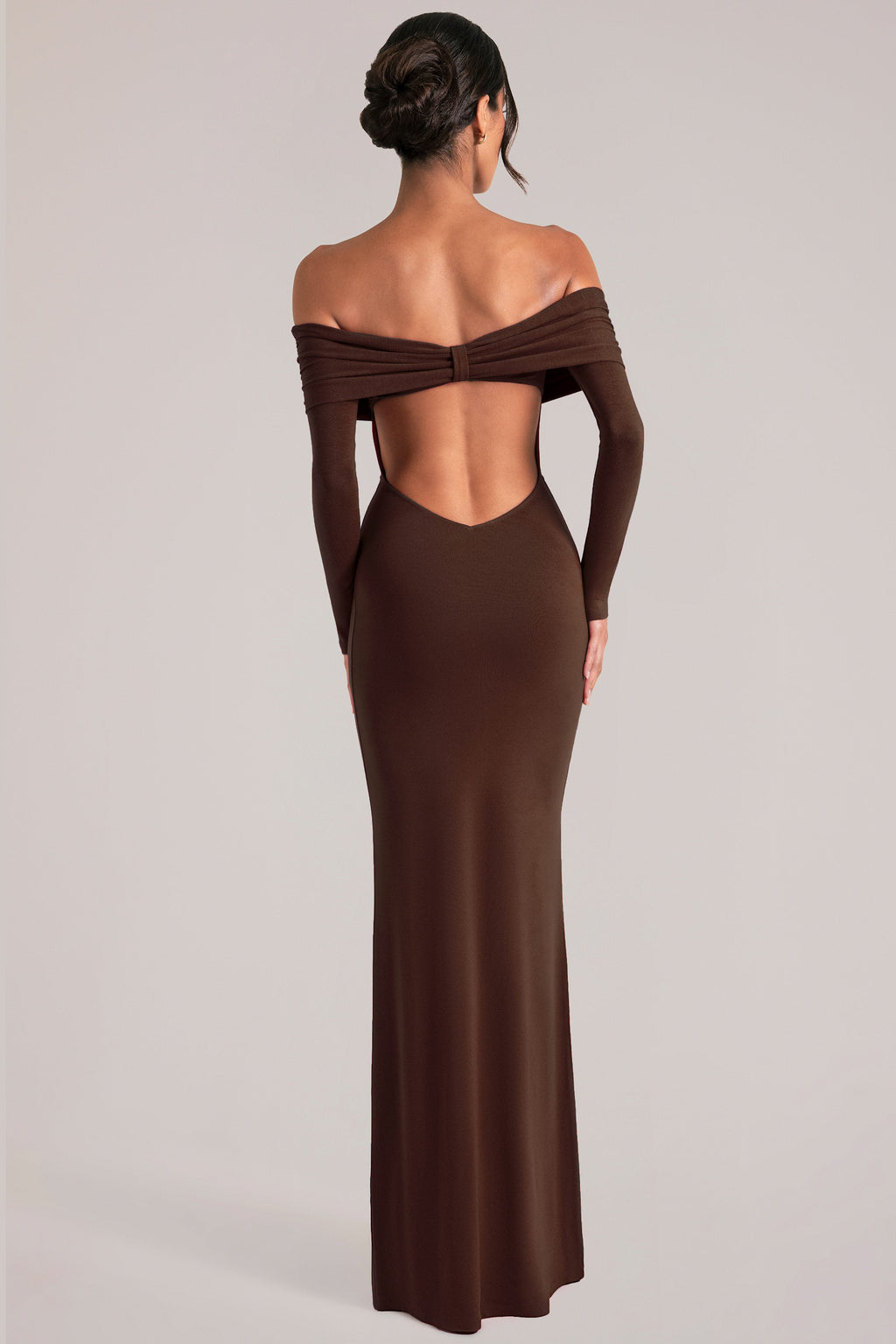 Off-Shoulder Long-Sleeve Maxi Dress in Chocolate Brown