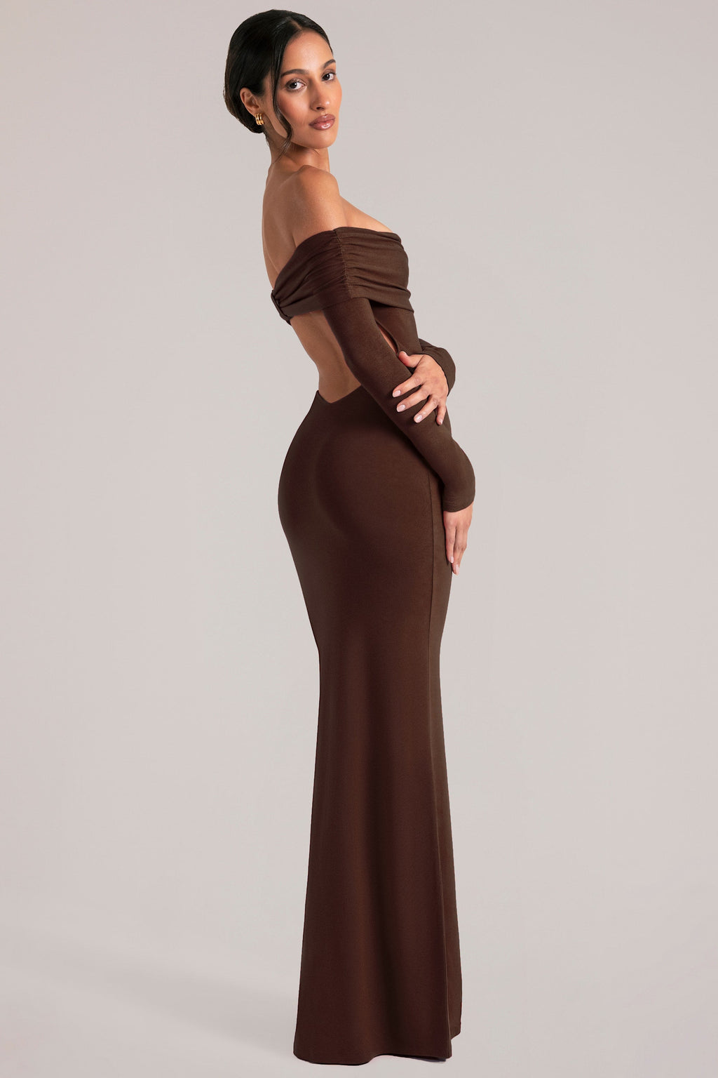 Off-Shoulder Long-Sleeve Maxi Dress in Chocolate Brown