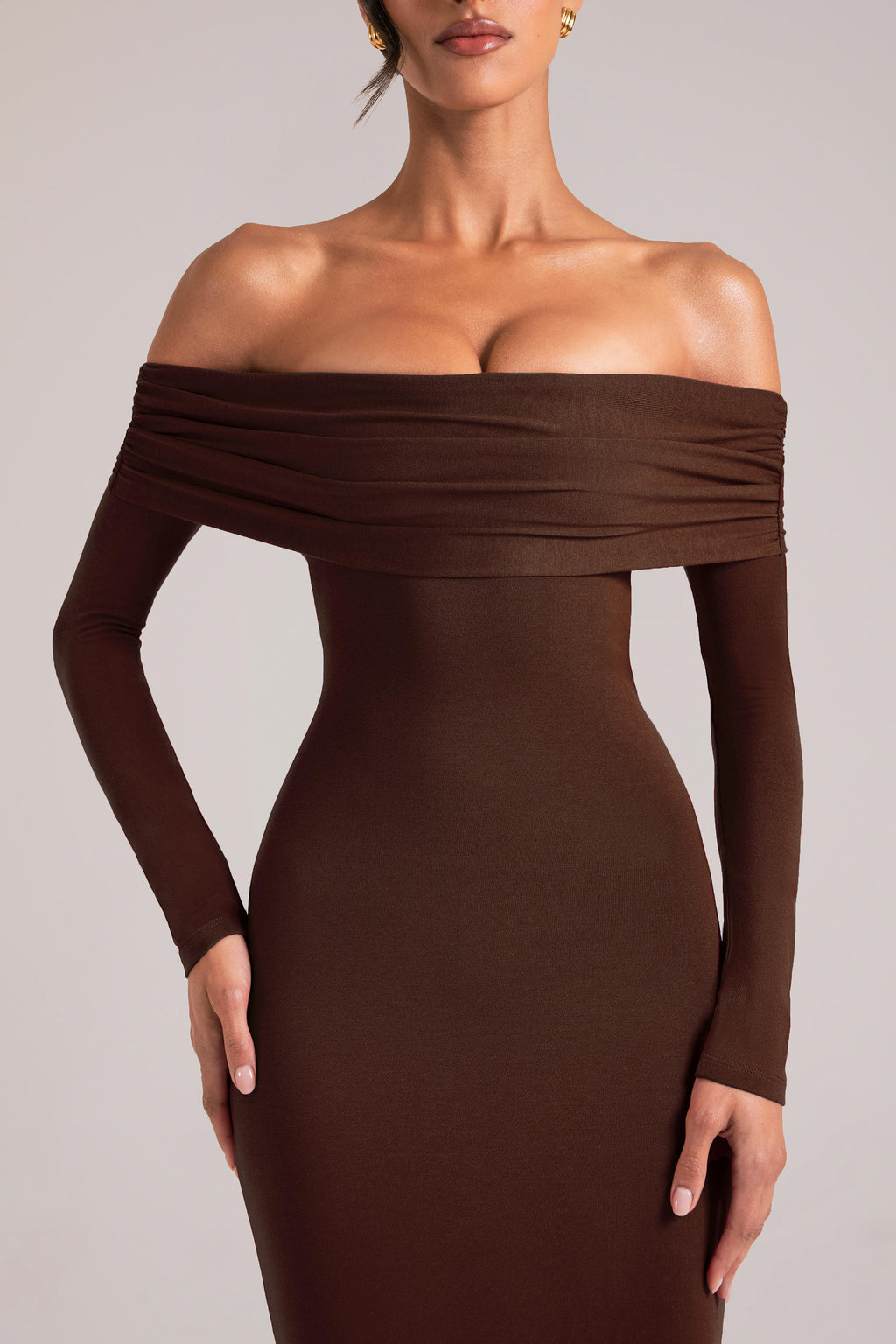 Off-Shoulder Long-Sleeve Maxi Dress in Chocolate Brown