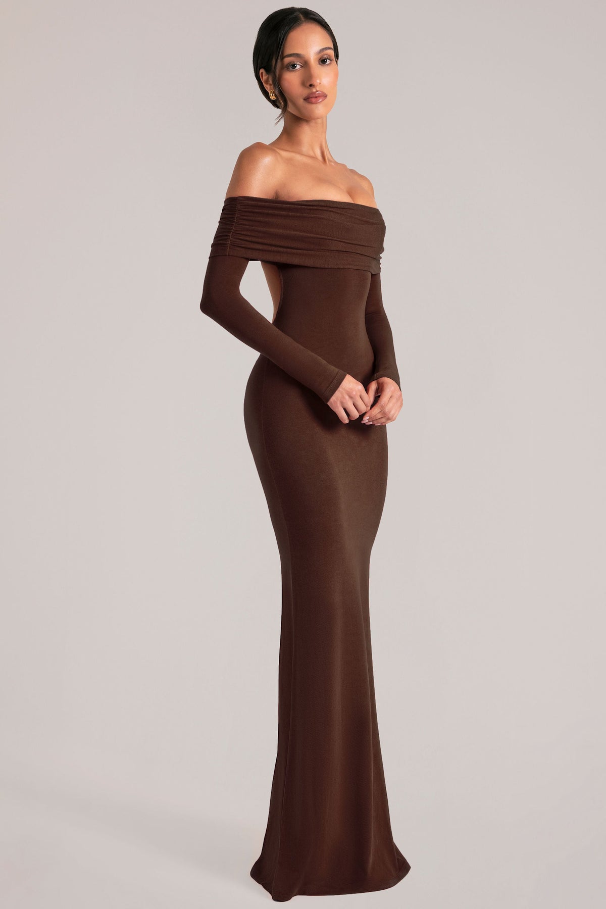 Off-Shoulder Long-Sleeve Maxi Dress in Chocolate Brown