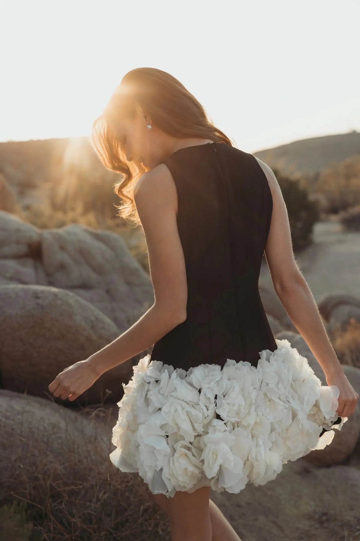 Black Cream Sleeveless Mini Dress With 3D Floral Skirt